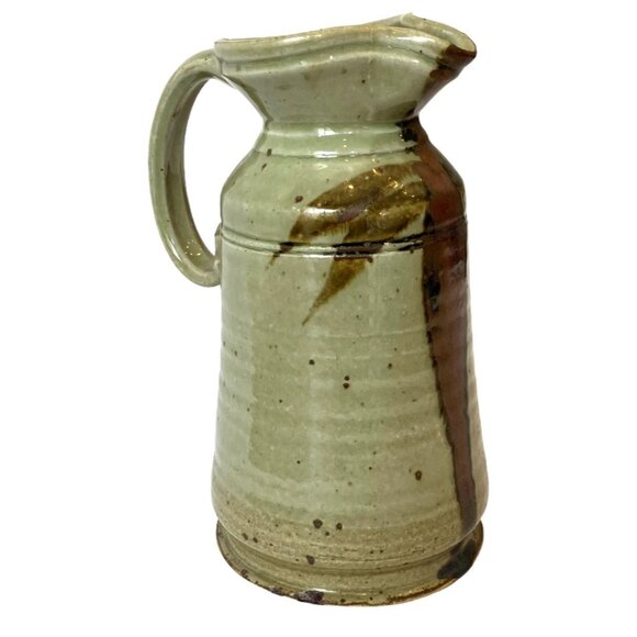 VTG Stoneware Studio Speckled Drip Glaze Beige, Maroon Brown TALL Pitcher - Picture 3 of 14